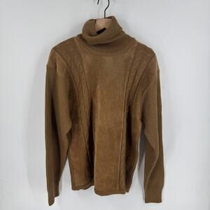 Lorenzino Brown Knit Turtleneck Sweater Suede Leather Trim Cable Knit Size Large